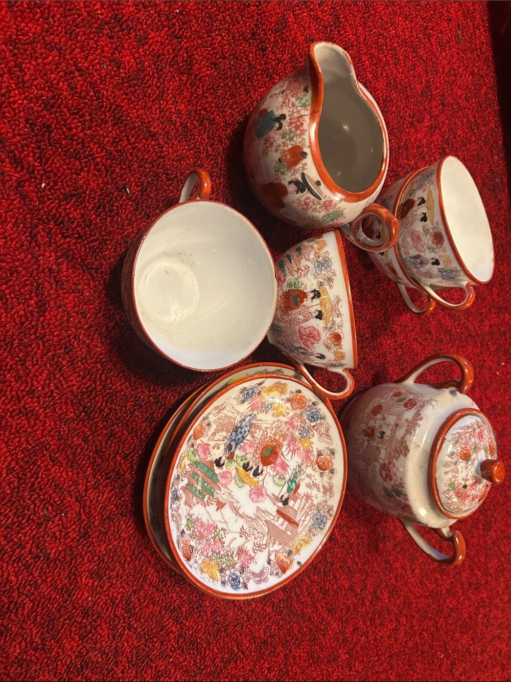 Porcelain Red- Trimmed Floral Tea Set - geisha girl